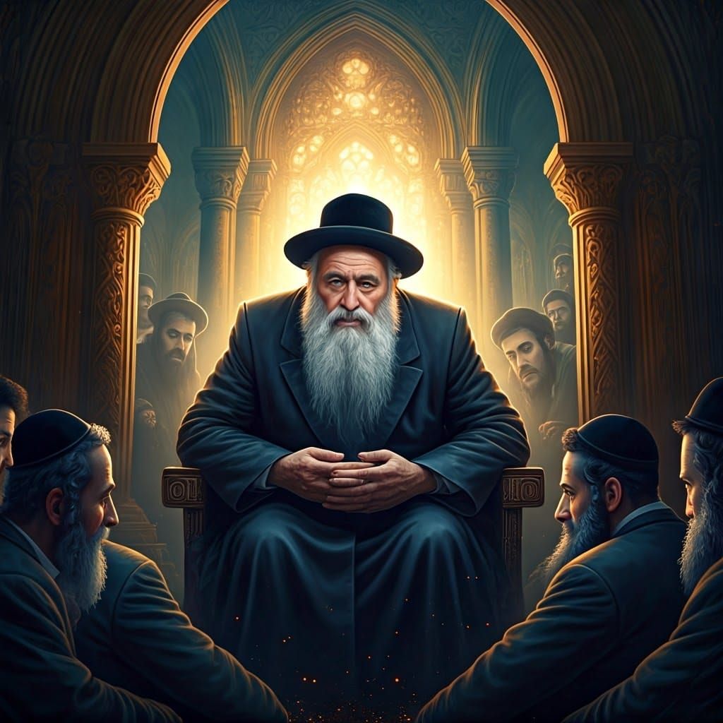 Revered Rebbe Surrounded by Devoted Chasidim in Vibrant Fant...