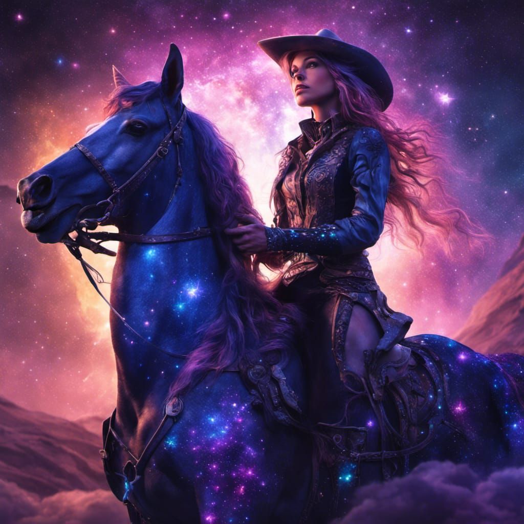 A cosmic galactic cowgirl on a horse with a glass aspect, a ...