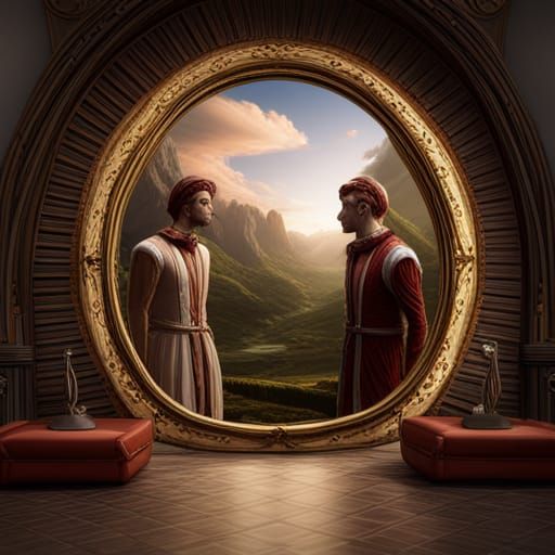 the duality of man in a Mirror 2 people looking at eachother AI