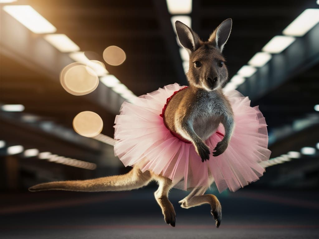 Beautiful kangaroo as a ballerina, wearing a pink tutu, dram...