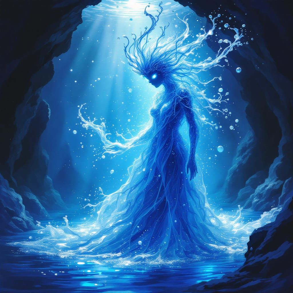  A shimmering, ethereal water spirit composed of flowing water and mist, with a crown of seafoam and glowing bioluminescent eyes. The spirit...