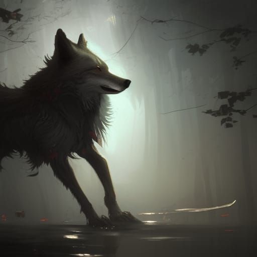 female wolf with red eyes and a clean clear golden black fur...