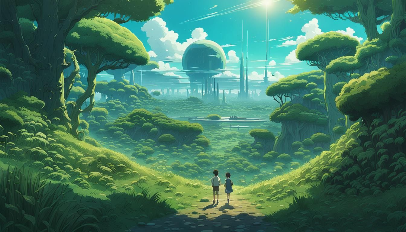 andscape on an exoplanet, the sun is green, the vegetation is made up of a multitude of varieties of plants with strange shapes., dark fanta...