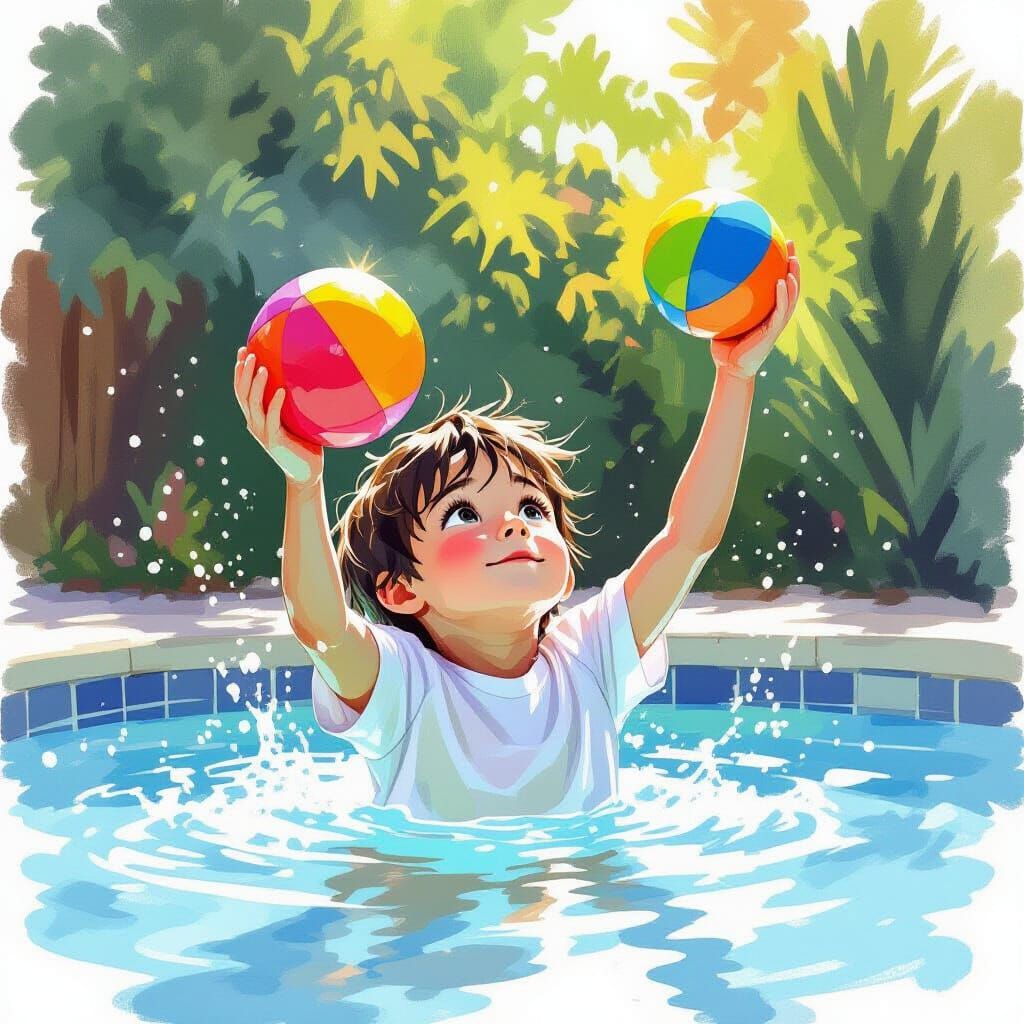 Child Lifts Ball from Pool, Watercolor Painting