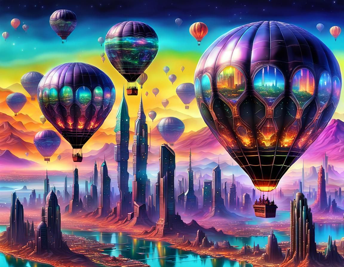 Bioluminescent Balloons Over Alien Cybercore City
