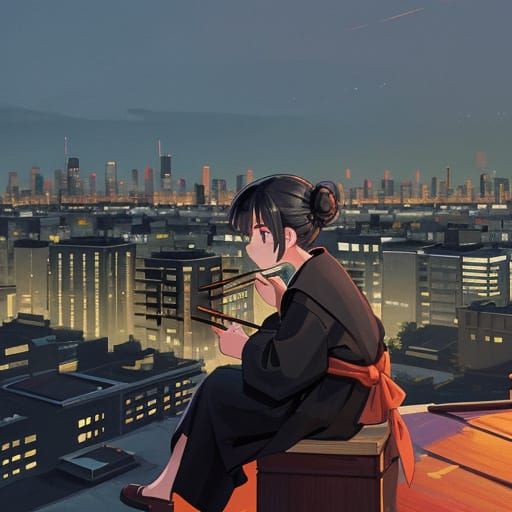 Girl in Rooftop Portrait with Chop Sticks and Cityscape