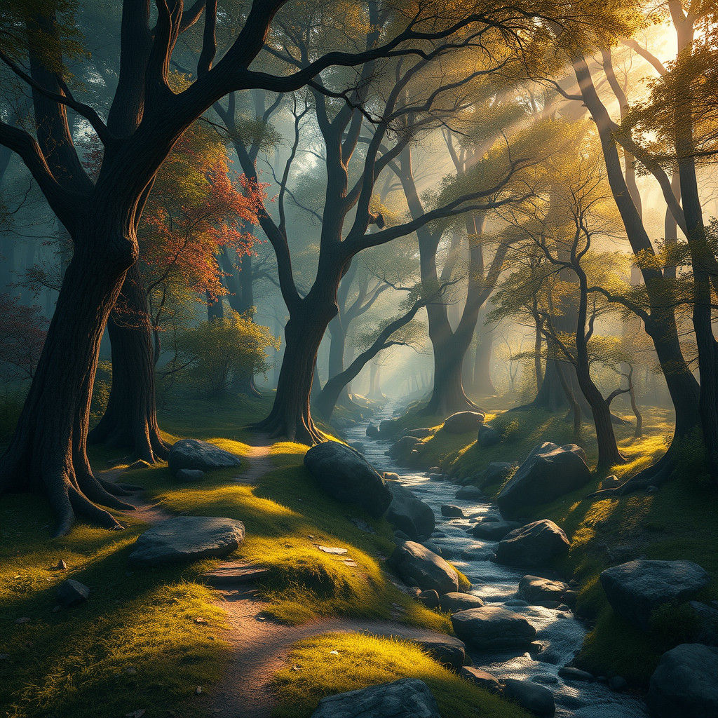Looking deep into the sunkissed  forest with paths and a stream with boulders and trees Breathtaking Fantasycore Artwork By Android Jones, J...