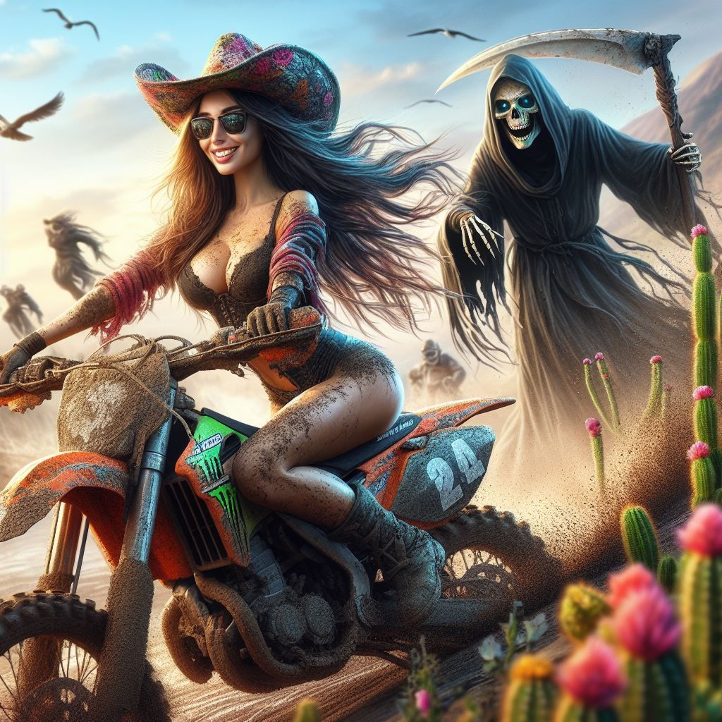 Spanish lady riding a motorbike at muddy motocross circuit (version 6)