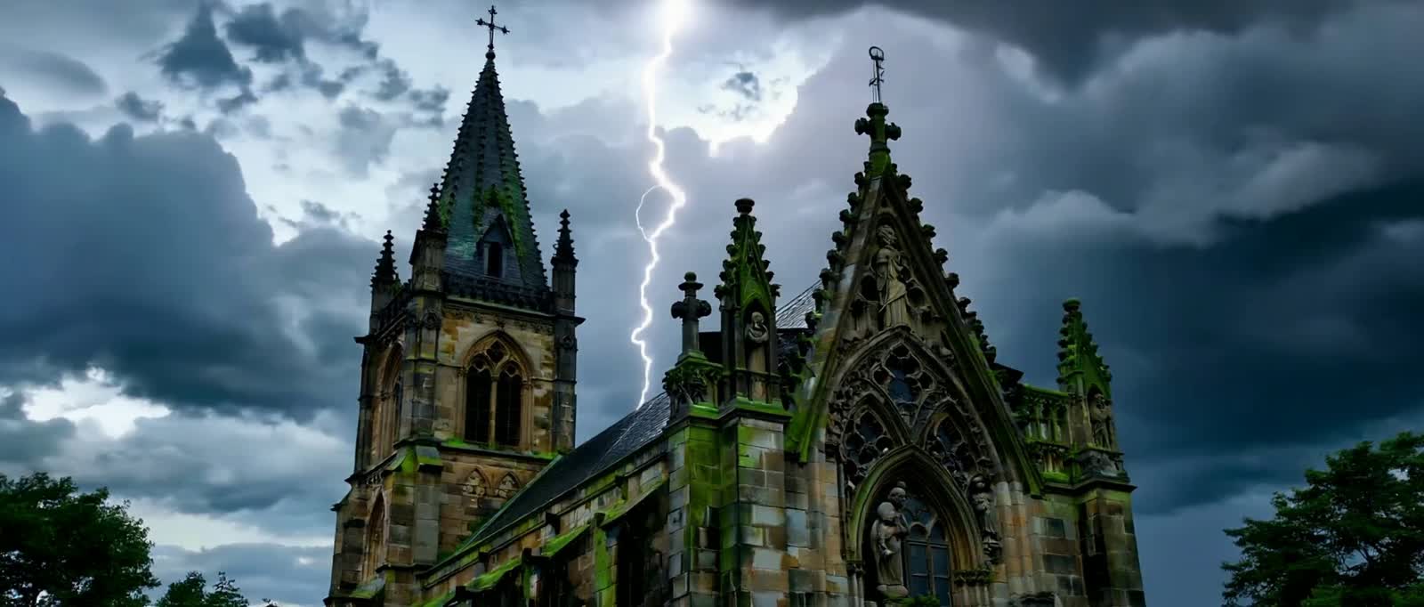 Cinematic gothic scene, stormy night over ancient cathedral, lightning illuminating intricate stone carvings, dramatic c...