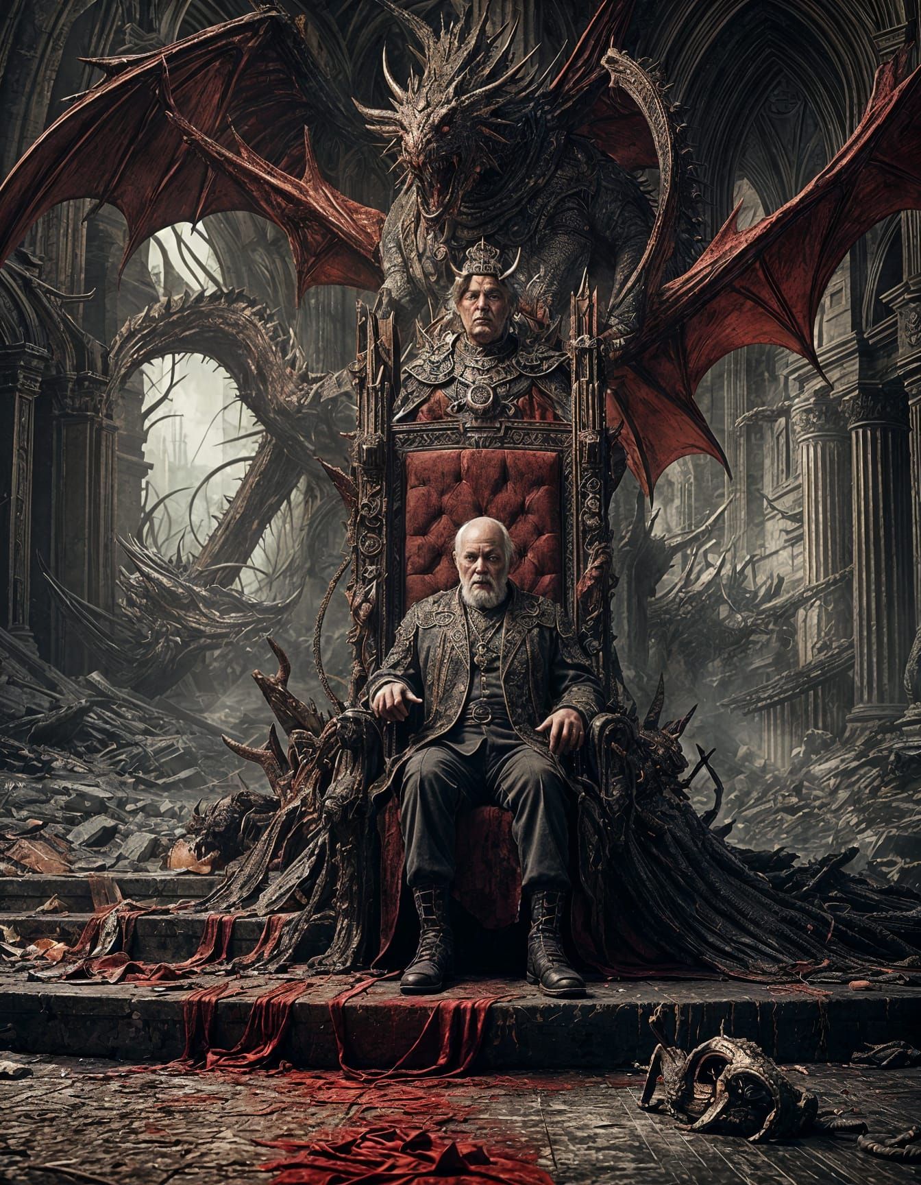 <lora:Macabre:1.0> Book cover, a throne in the middle, an armored old man sitting on the throne, a dragon behind him throne, in front of the...