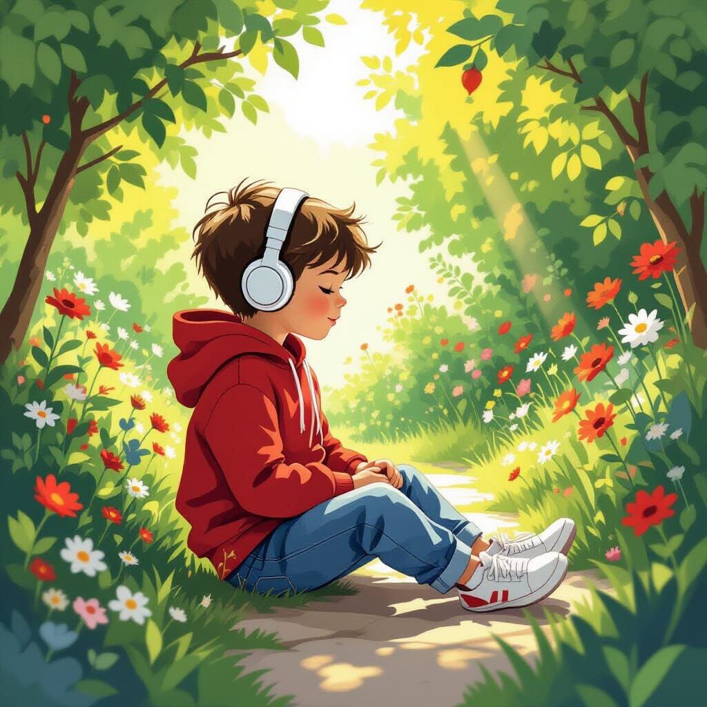Boy in Red Hoodie Sits in Vibrant Garden