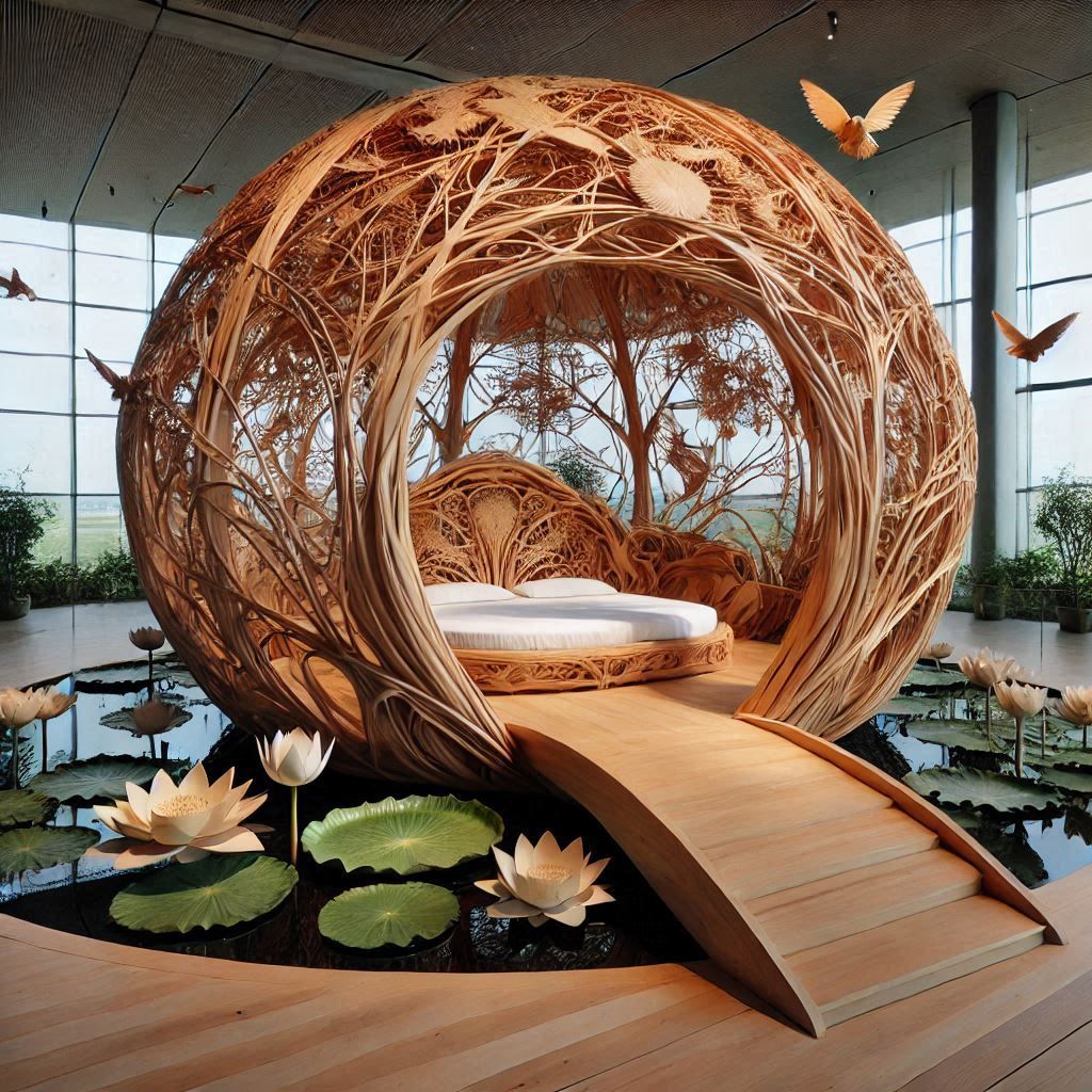imaginative bed designed in the shape of huge nest, in a huge room with glass walls overlooking the water with lotuses, ...