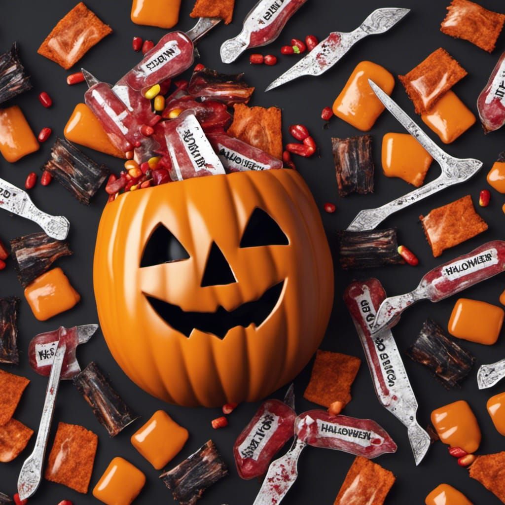 Halloween candy in pumpkin bag with razor blades knives poison and