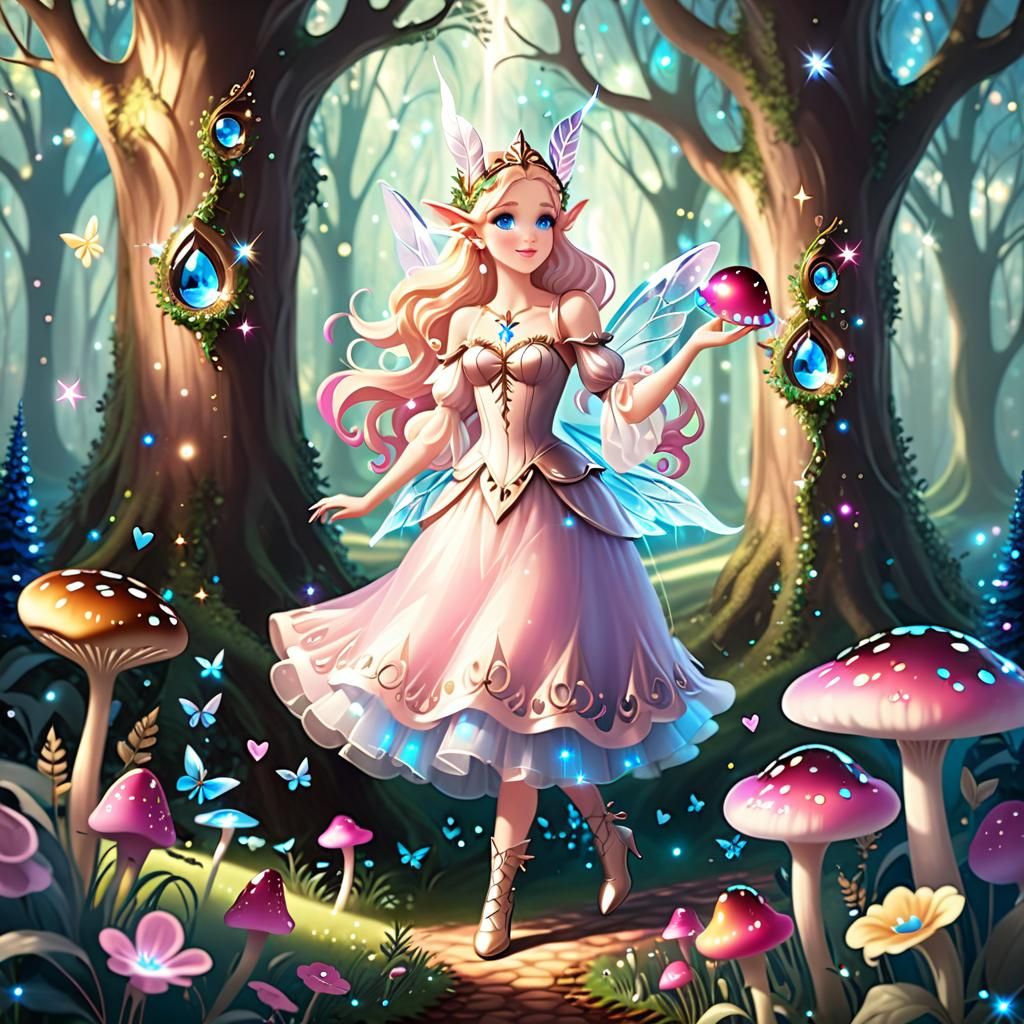 Kawaii Fairy in Magical Forest with Glitter