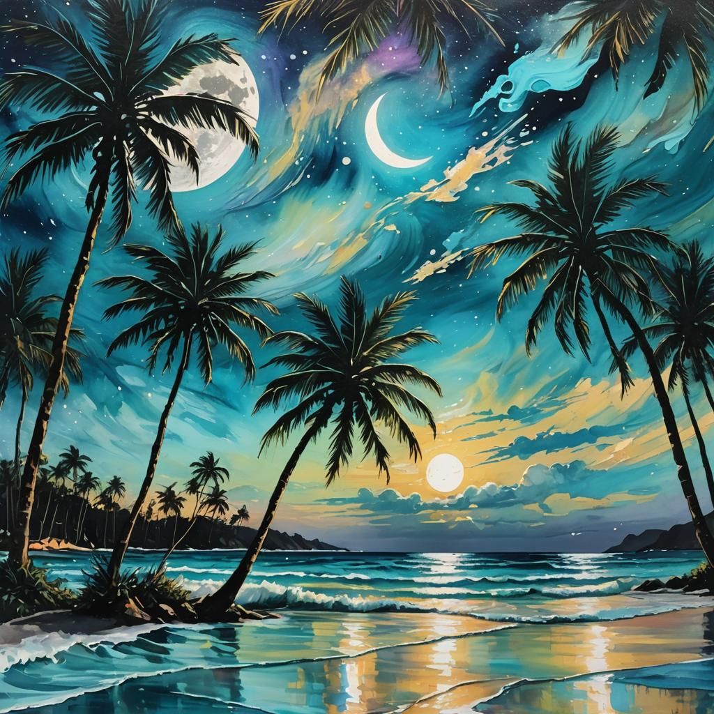 photorealistic image of an iridescent moonlit ocean, beach and palm trees, incorporating elements of ...  by @Wildflowers77 