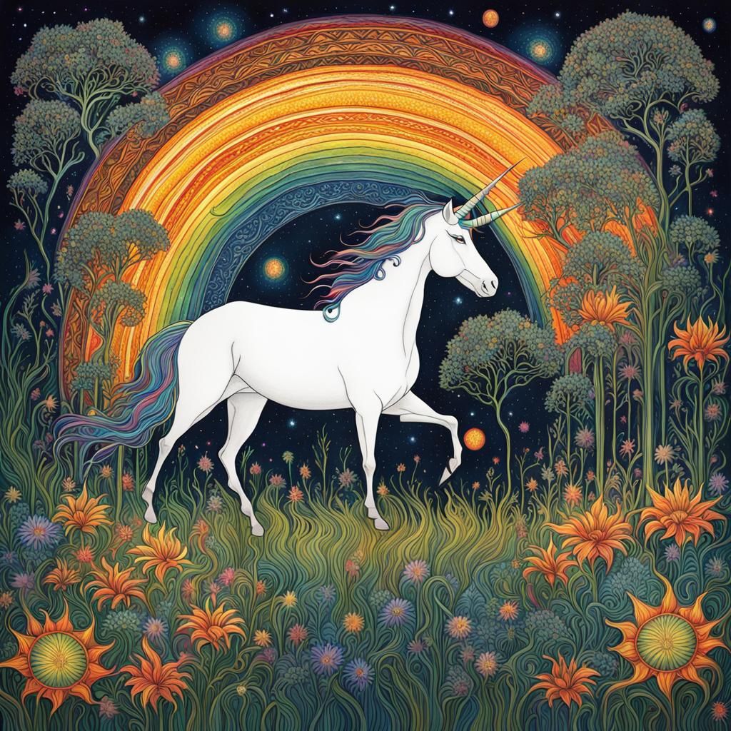 the sun ,darkstarry sky,unicorn,a rainbow overheadgrass grow...