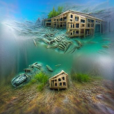 underwater ghost town hyperrealism 8K 3D