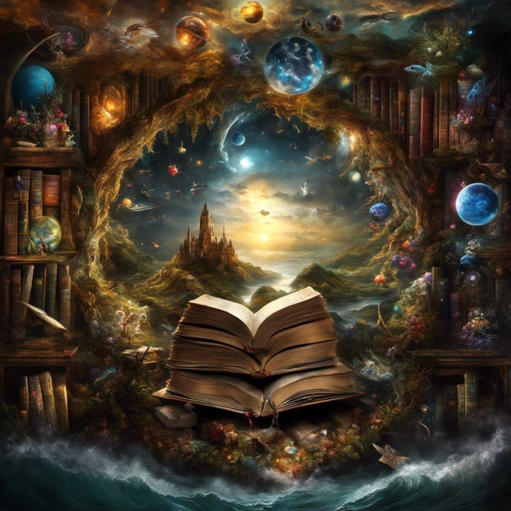 a beautiful fantastical collage of different magical books containing ...