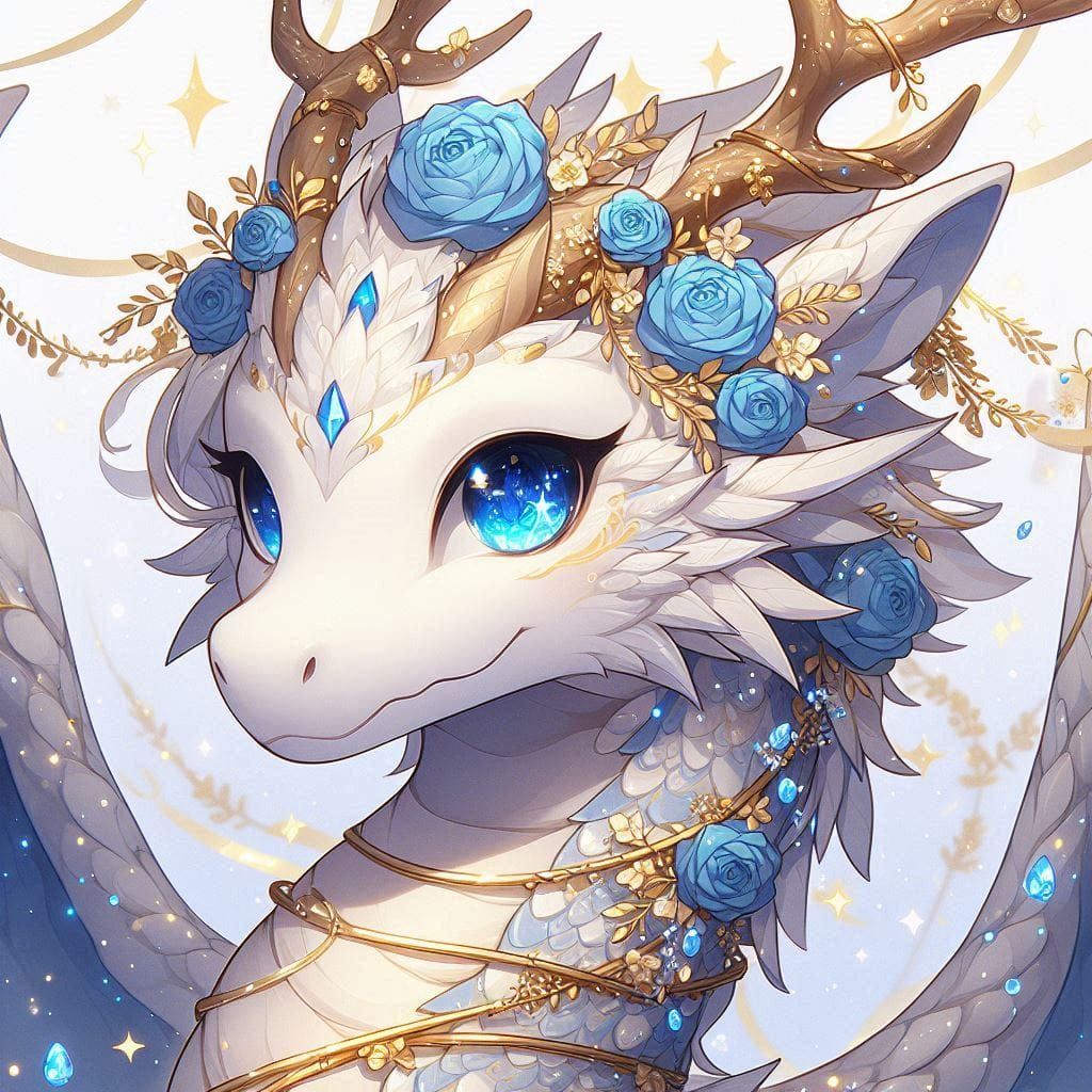 White and gold dragon with golden horns and blue eyes
