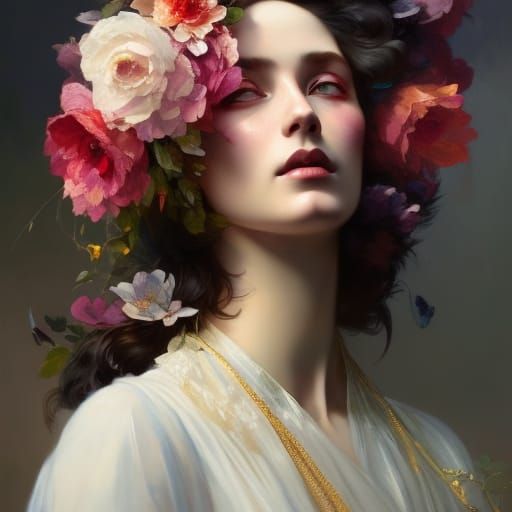 Beauty in deformity, expressive, mysterious, covered in flowers, head ...