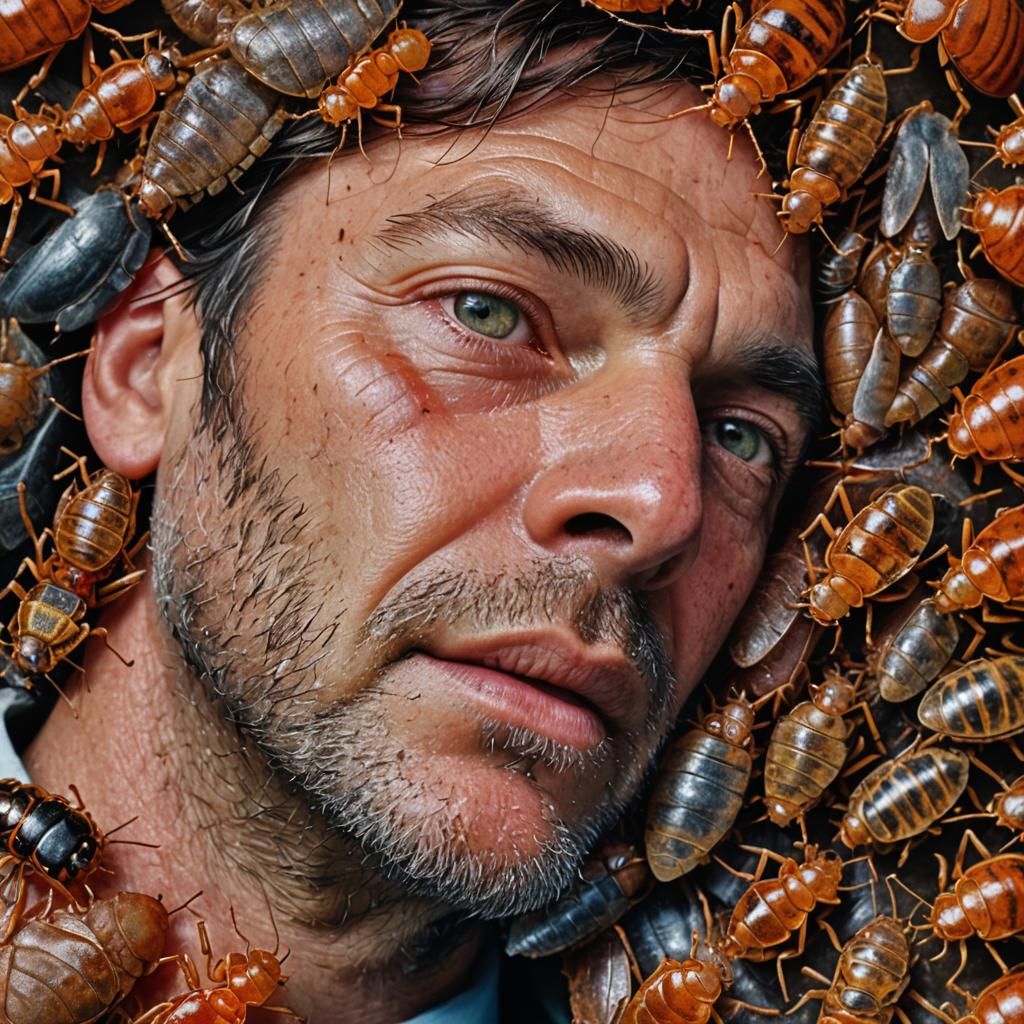 Bedbugs crawling over a dead mans his face on a sunny May da...