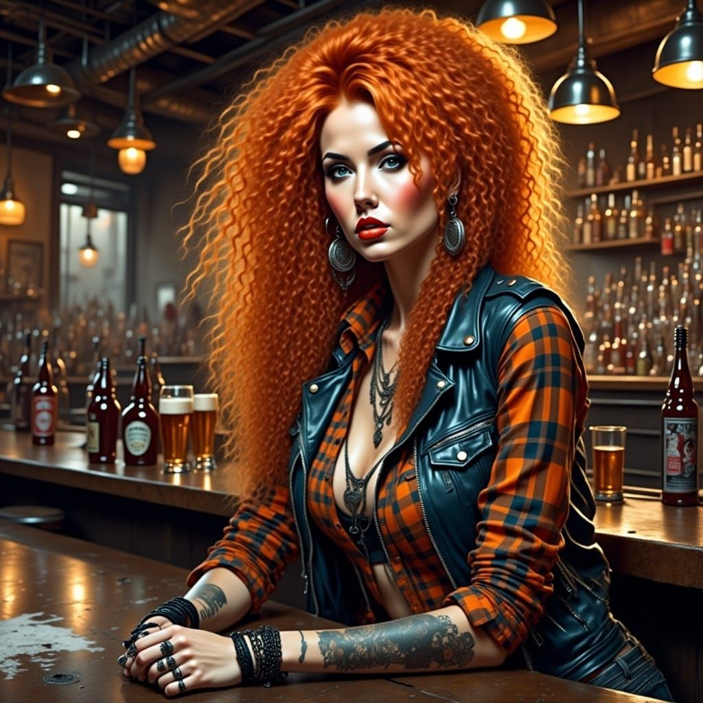 <lora:GrungepunkFlux:1.0> > portrait from the waist up of beautiful woman,orange plaid shirt , ripped latex jeans, bracelets, ,orange long c...