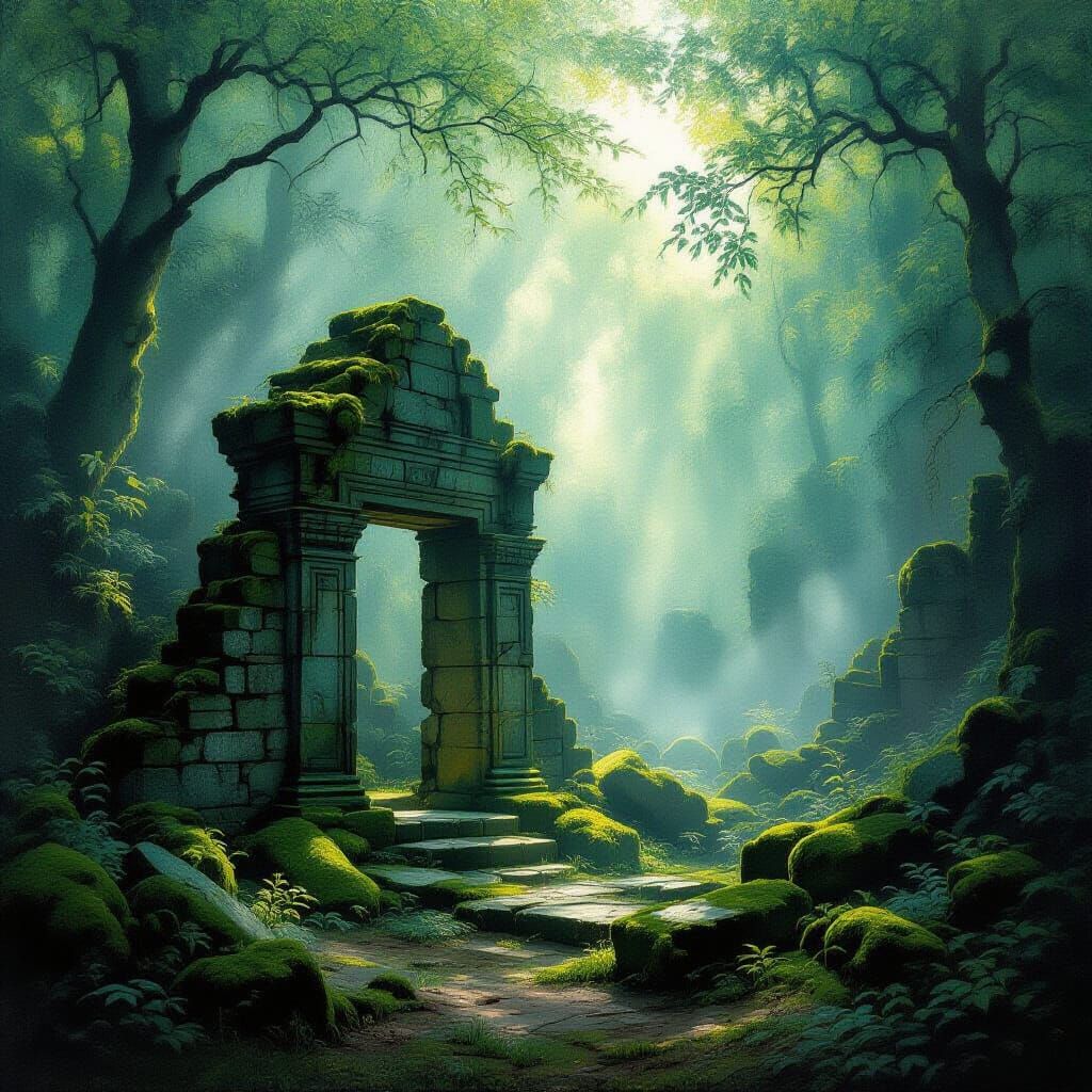 An ancient, moss-covered stone structure partially submerged in a misty, enchanted forest.