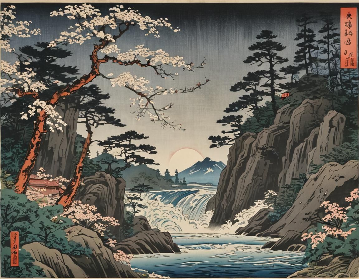 Volcano (Inky) A glorious moonrise over a tall mountain waterfall