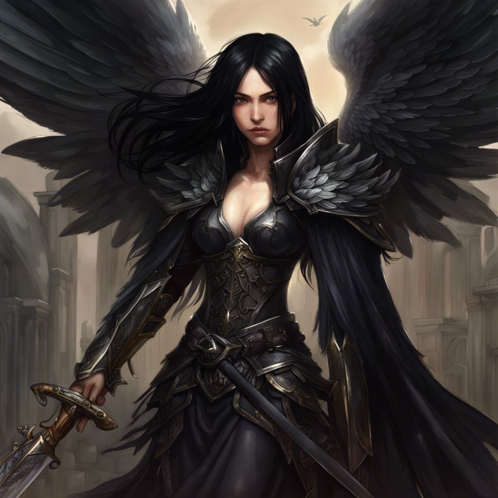 Black winged black hair female Seraphim with a sword - AI Generated ...