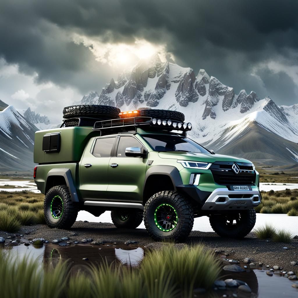 An aggressive looking overland offroad camper truck, grey gr...