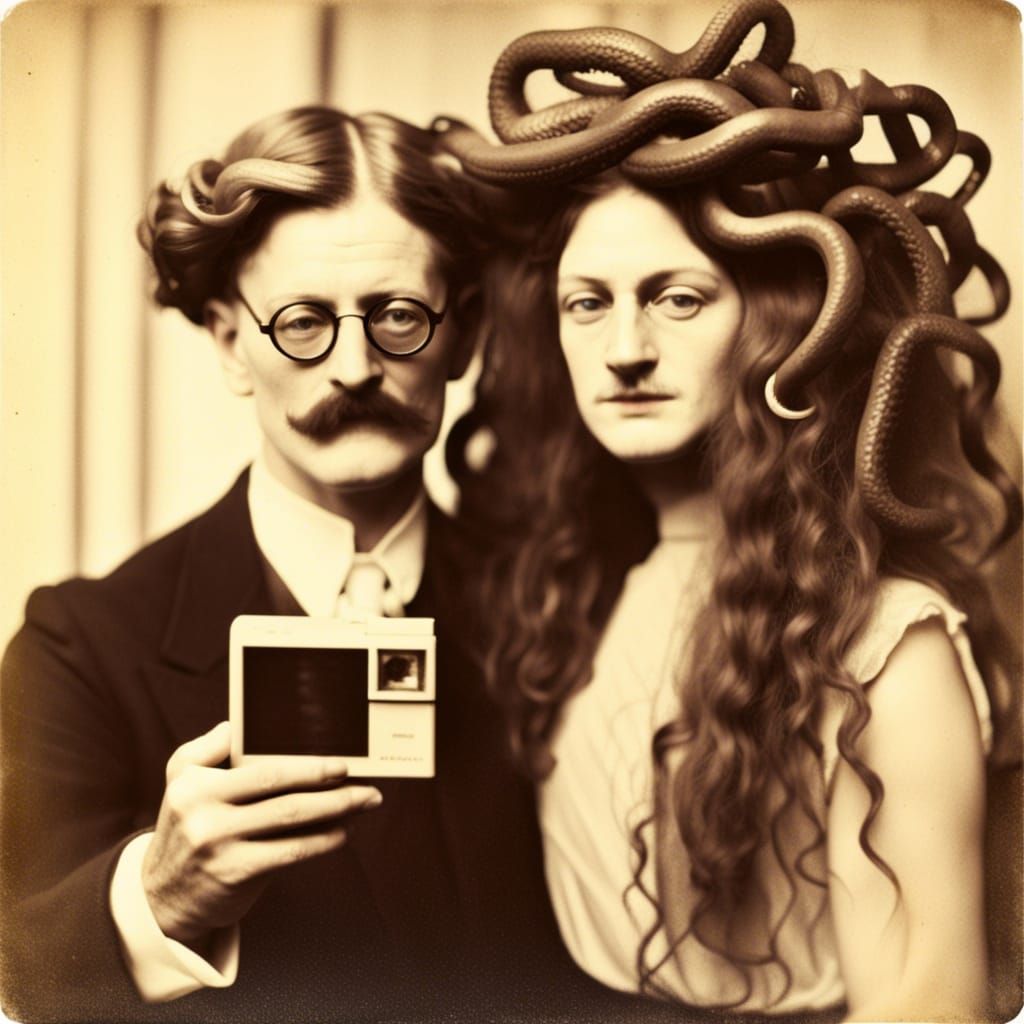 Polaroid instamatic 1909 James Joyce and Medusa taking a sel...