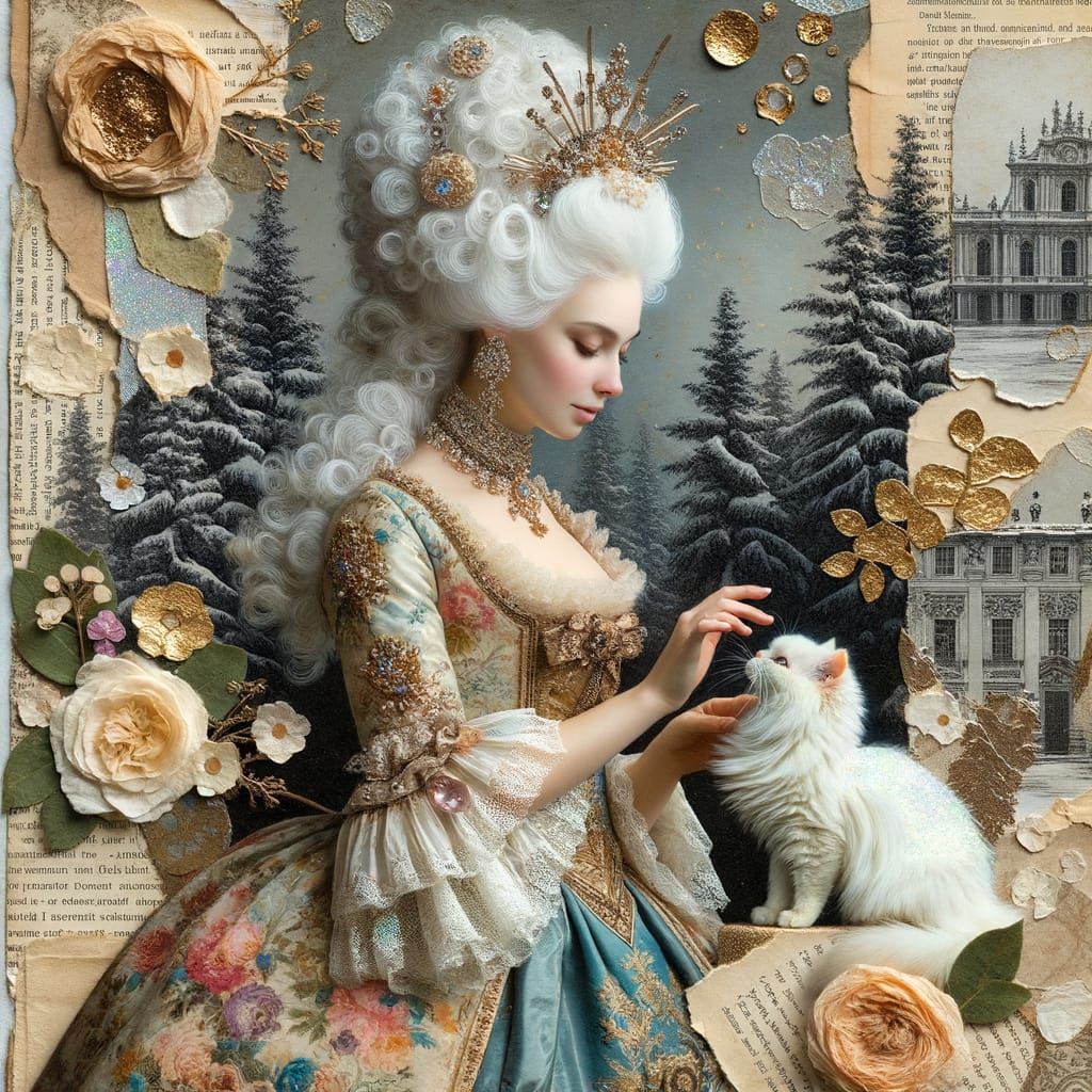 Rococo Noblewoman and Cat Collage with Vintage Charm