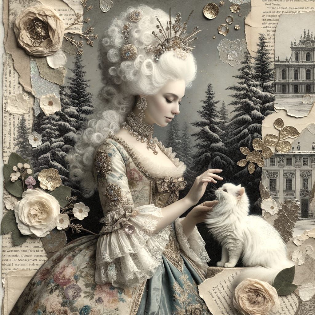 Rococo Noblewoman with Cat Collage Art
