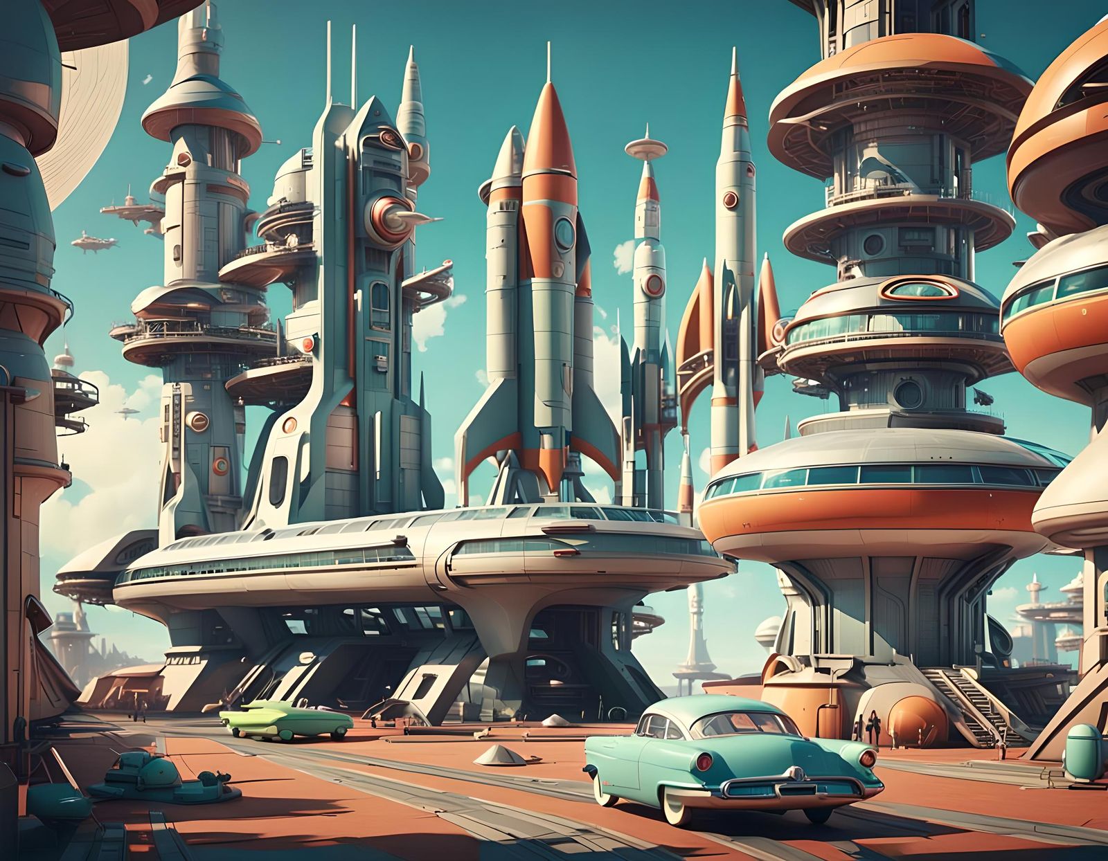 Ground-level view of a Retro 1950s futuristic space port - AI Generated ...