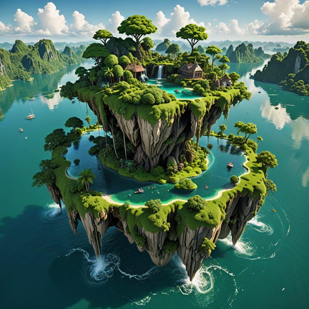A mesmerizing realistic floating Island,No Gravity, luscious green Island 