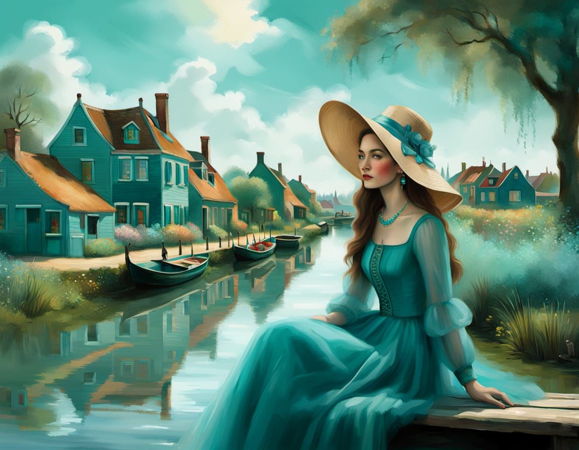 Ethereal painting of a gorgeous woman in turquoise tulle dress sitting along a countryside canal  by @Fokje