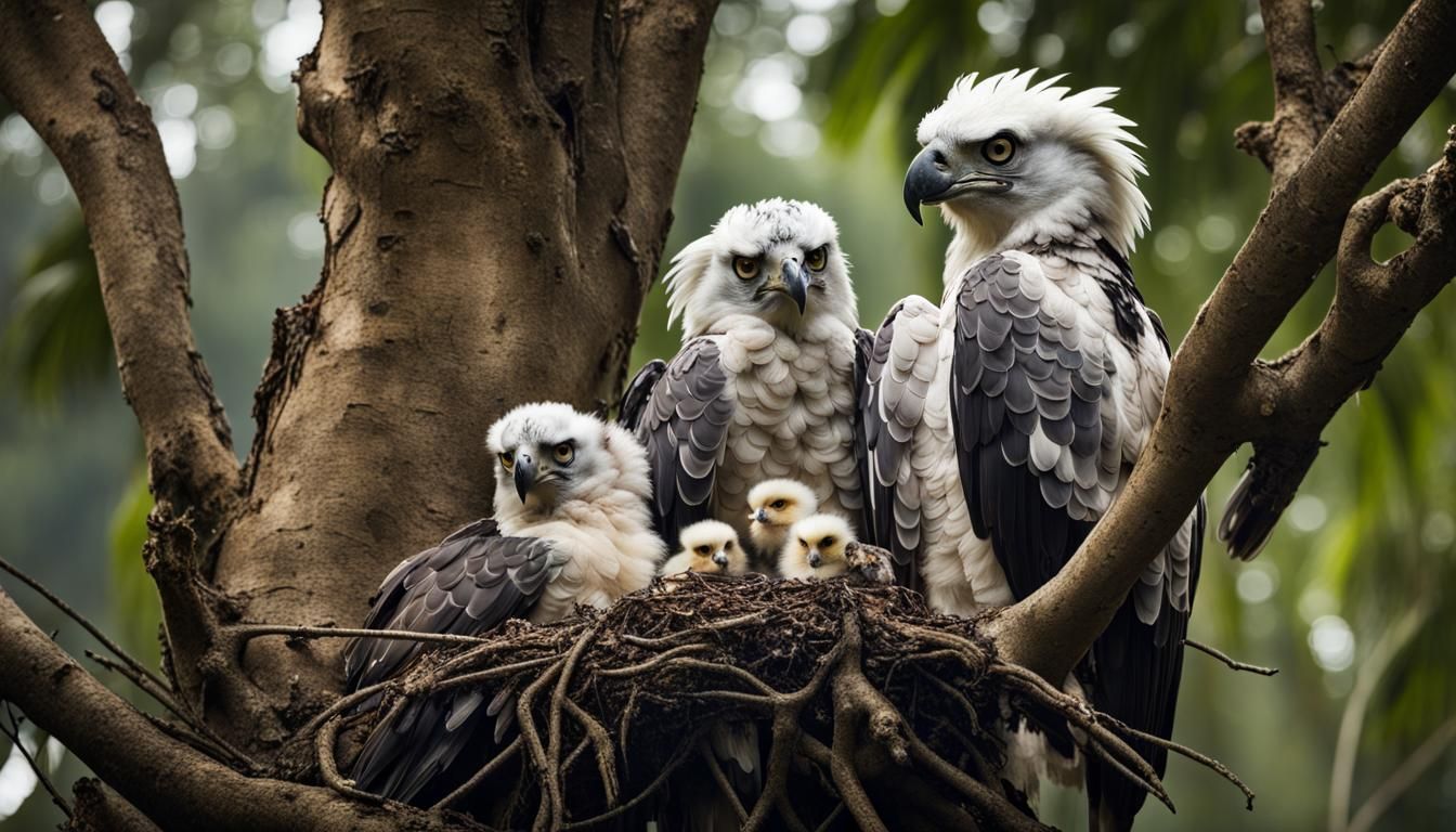 A tightly woven harpy eagle's nest perched atop a kapok tree in the Brazilian rainforest with a mother ...  by @undefined