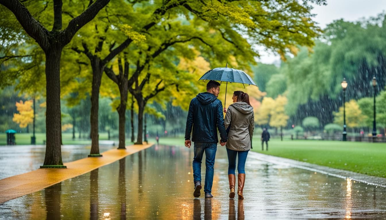 A couple walking in the park under the rain 