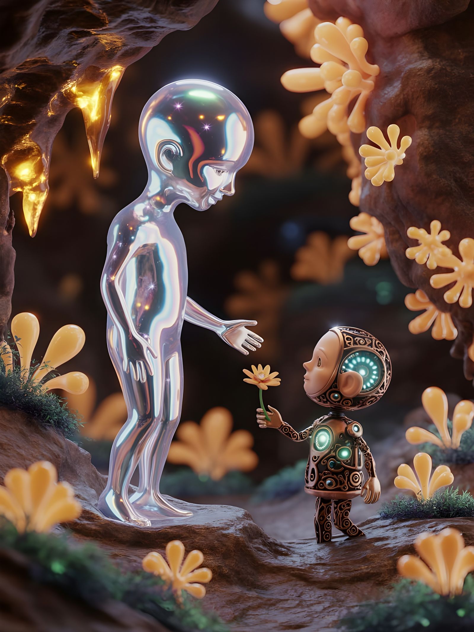 Ethereal Entities and Machine Elves in Bioluminescent Cavern