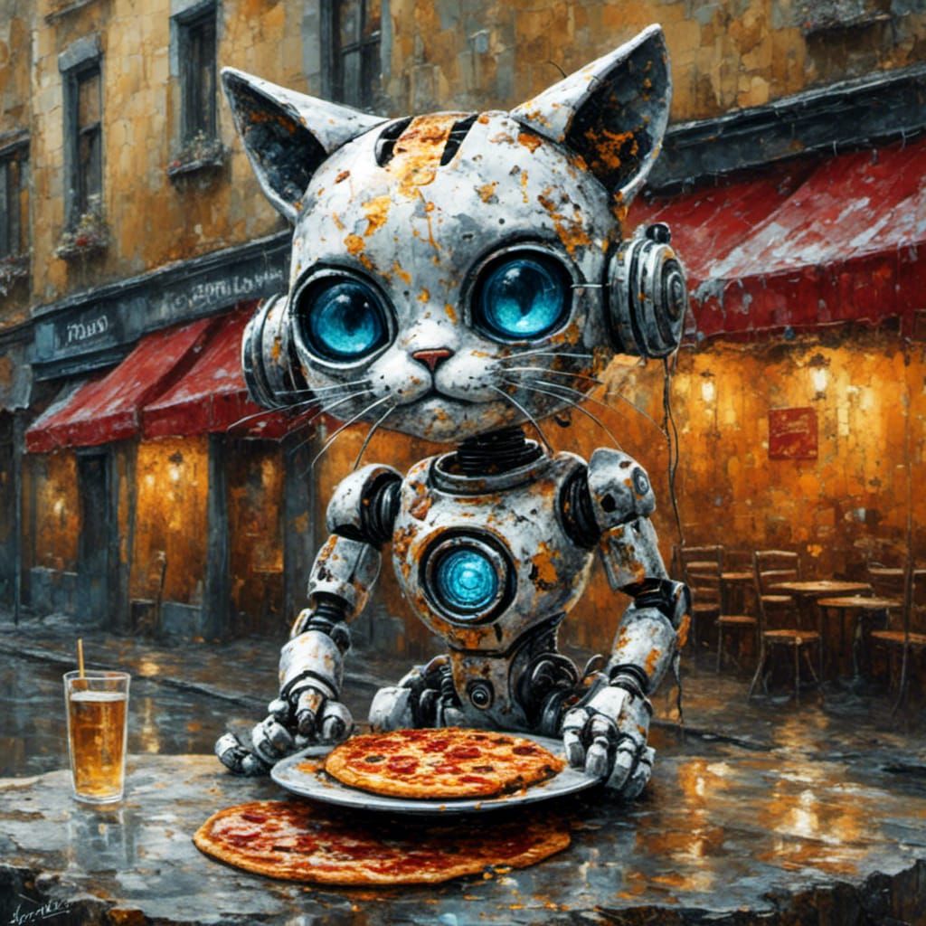 Cute Cat Robot Eating Pizza in Graffiti Art