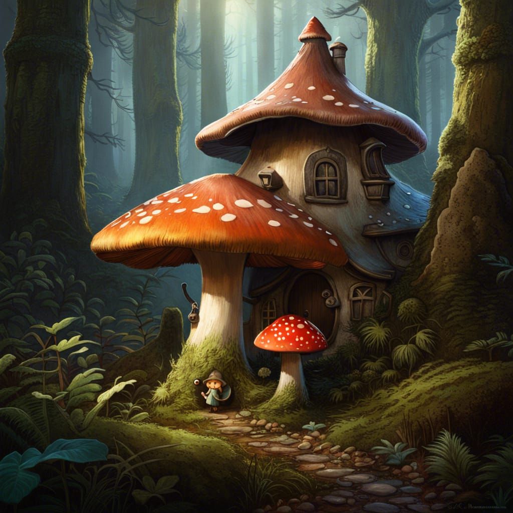 "Cute little creature in the forest in front of a mushroom house, by Jean-Baptiste Monge highly detailed ...  by @Spearmint