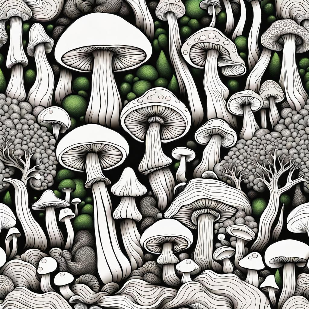 A red, green, blue colored mushroom forest drawing template AI