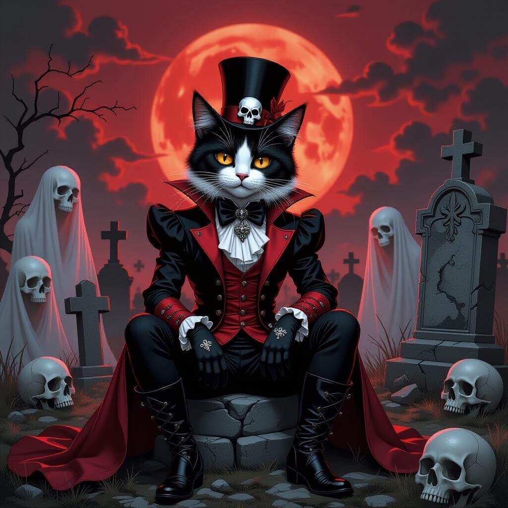 Gothic Vampire Cat in Forgotten Cemetery