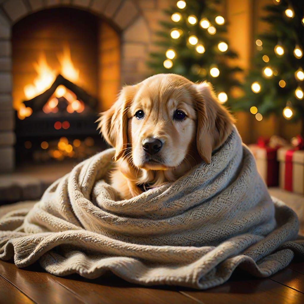Golden retriever puppy curled up near a fireplace, near a trimmed Christmas tree with warm cozy lights ...  by @Gghope03 