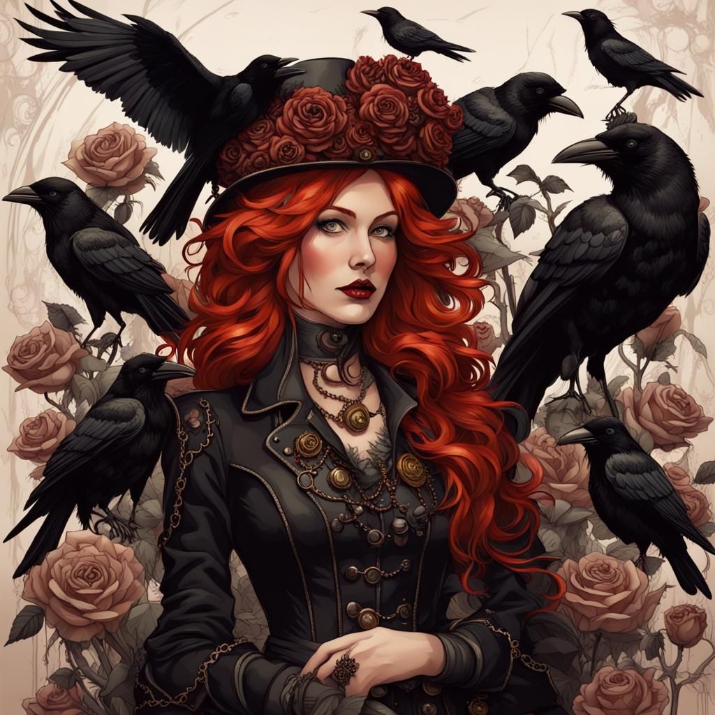 Redheaded steampunk woman surrounded by big black roses and ...