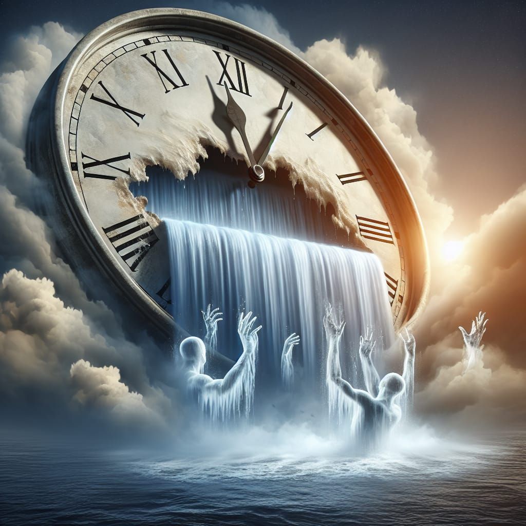Stunning surreal image of a large clock face, being washed clean of human sins, the time healer cleansing time