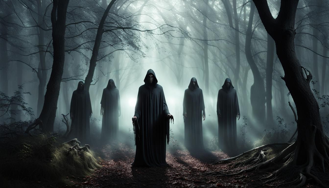 visualize a purgatory realm where the Grim Reaper leads a gr...