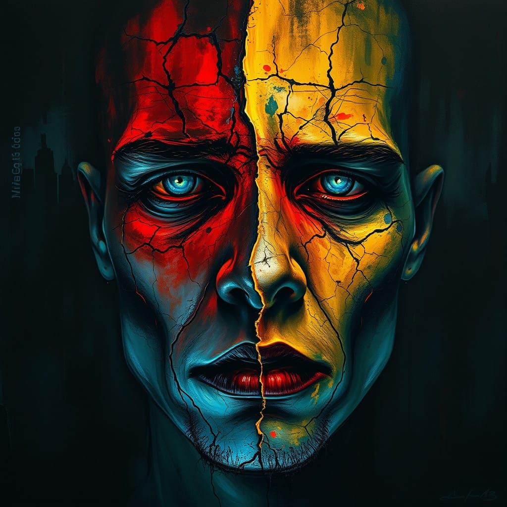 An internally lit split face portrait of luminescent cracking mud and peeling layers of red yellow green blue paint, aged and weathered, old...