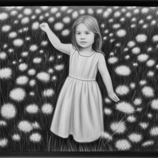 B & W drawing of a girl holding a puppy in a field of flower...