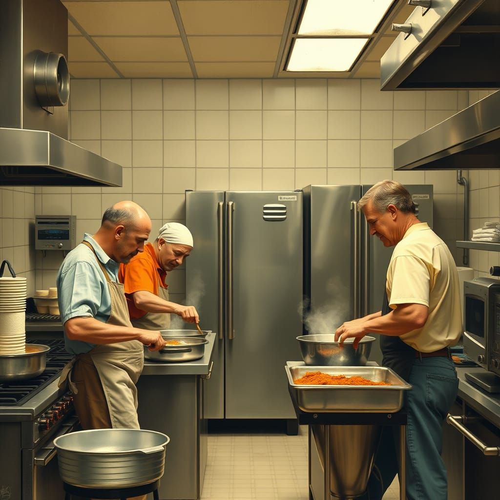 Men Sharing Stories in a Cozy Institutional Kitchen